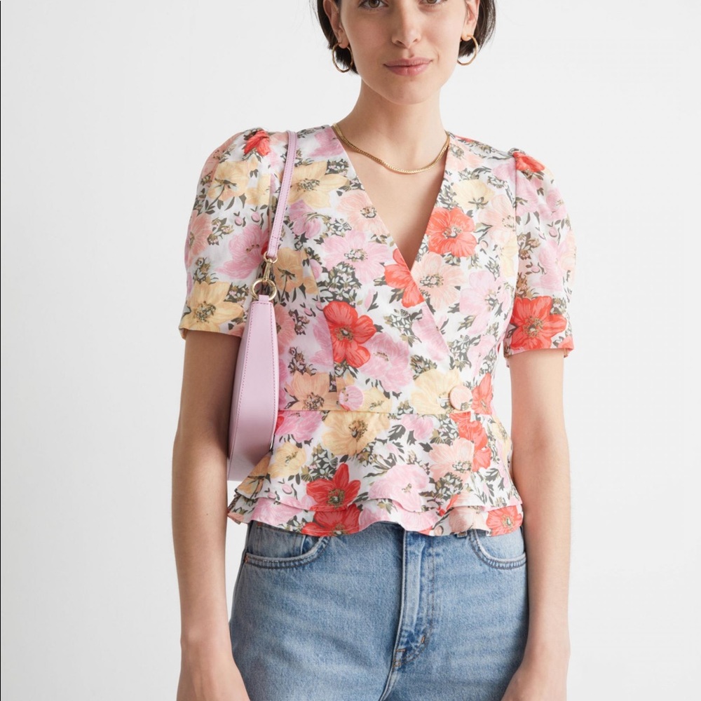 Floral print wrap top with button closure